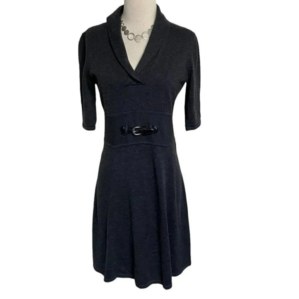 Calvin‎ Klein S gray short sleeve V-neck fit + flare fine knit career dress